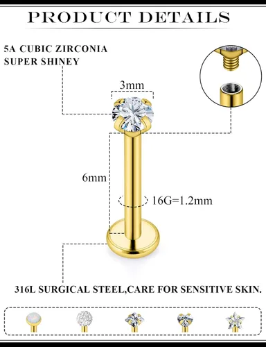 Vista 2 de Aretes de nariz de acero quirúrgico 316L con parte trasera plana de 16G, piercing de labio Medusa Labret Monroe, Tragus Forward Helix, Caracola