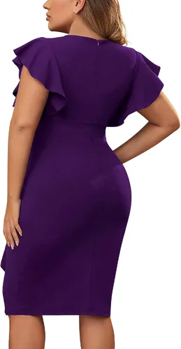 Vista 4 de Miusol Vestido de tubo vintage con cuello en V para mujer, talla grande, manga con volantes, para negocios, cóctel, fiesta