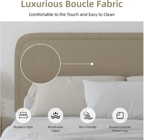 Vista 7 de BarnFurin Base de cama individual con cabecero, cama de plataforma tapizada Cloud Boucle, esquinas redondeadas suaves, no necesita somier, Beige