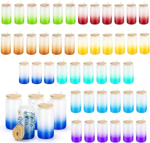 Vista 14 de AGH - Paquete de 12 latas de vidrio de sublimación transparentes de 16 onzas con tapas y popotes de bambú, tarro de vidrio helado de masón, vaso