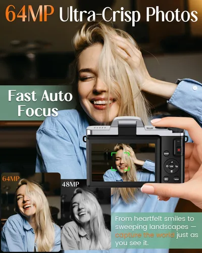 Vista 3 de Cámara digital 4K para fotografía con WiFi, cámara de videoblogs de 64 megapíxeles con enfoque automático para YouTube, cámara compacta de viaje
