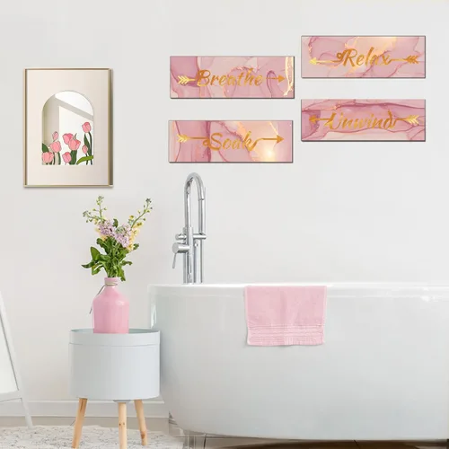 Vista 5 de Lnond 4 piezas de decoración de pared de baño de mármol dorado rosa, decoración de letreros de relajación y respiración, arte de pared colgante