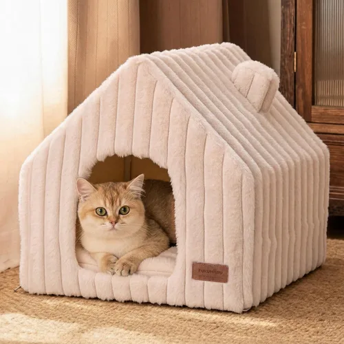 Vista 9 de FUKUMARU Casas para gatos de interior, cueva linda y lavable para gatos con almohada removible, casa grande semi-cerrada y acogedora para perros