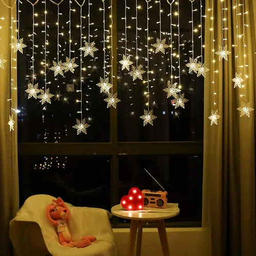 Vista 5 de Luces LED de cortina de copos de nieve, 13 pies / 13.1 ft, 96 luces LED de copo de nieve, luces de copos de nieve de Navidad, 8 modos