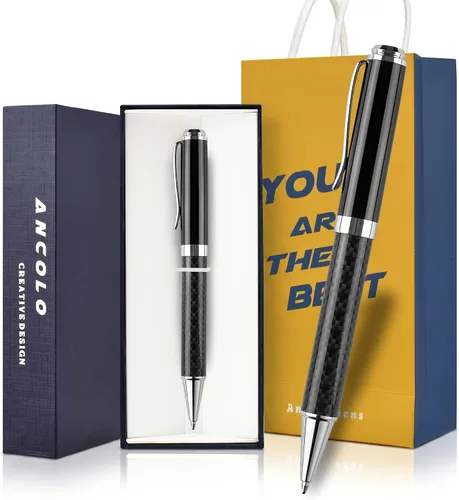 Vista 11 de Ancolo Bolígrafo cromado plateado personalizado, impresionante bolígrafo de lujo con piel sintética, personaliza tu mensaje, nombre. Set de regalo