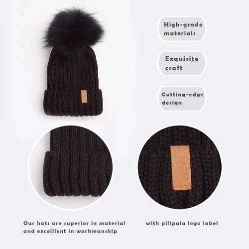 Vista 4 de Gorro de invierno de punto con pompón de piel para mujer