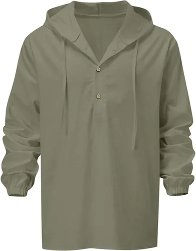 Vista 3 de Sudaderas con capucha de algodón y lino para hombre, manga larga, cuello en V, con botones, con capucha, protección solar, ligera, para la playa
