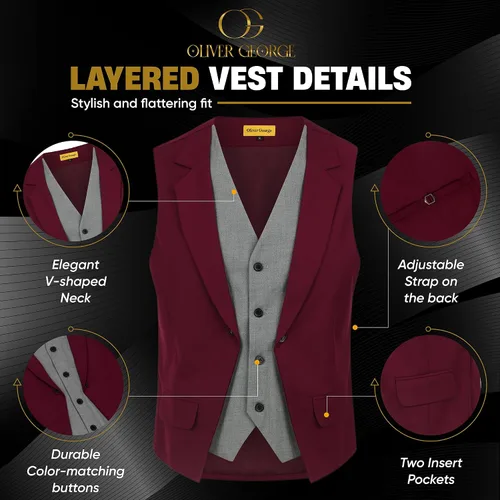 Vista 30 de Oliver George Chaleco formal de esmoquin en capas para hombre, chaleco de traje de negocios