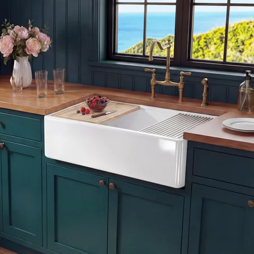 Vista 10 de Miuara Fregadero blanco con estación de trabajo de granja de 24 pulgadas, fregadero de cocina frontal con delantal de arcilla refractaria pequeño