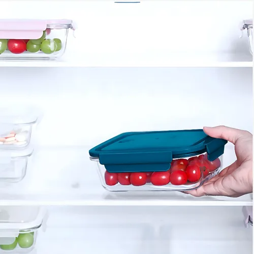 Vista 5 de 6 recipientes rectangulares de vidrio para almacenamiento de alimentos con tapas, recipientes de preparación de comidas para almacenamiento de Azul