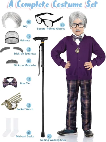 Vista 3 de SOMSOC Disfraz de anciano para abuelo, 14 piezas, para 100 días de escuela, accesorio para cosplay