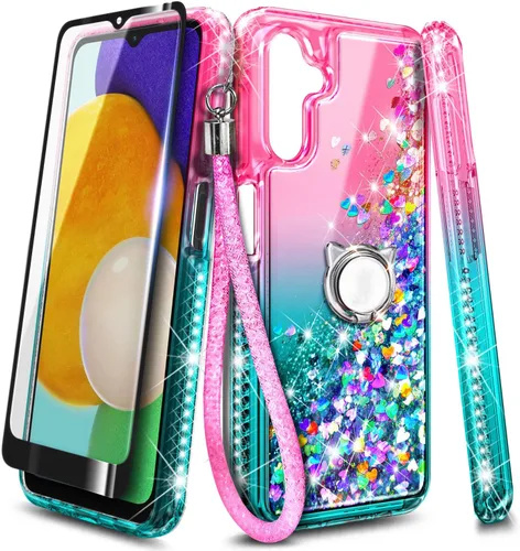 Vista 6 de NZND Funda compatible con Samsung Galaxy A14 5G con protector de pantalla de vidrio templado (cobertura máxima), soporte de anillo/correa de muñeca