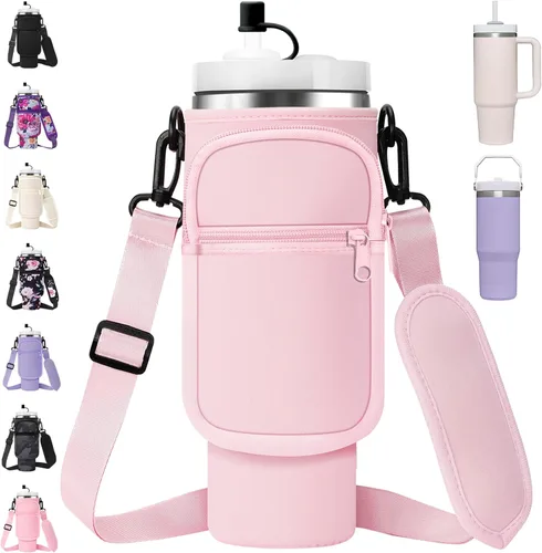 Vista 12 de AceTreker Bolsa de transporte para botella de agua con correa para vaso Stanley de 40/30 onzas, funda aislante de neopreno con bolsillo para 01-Crema