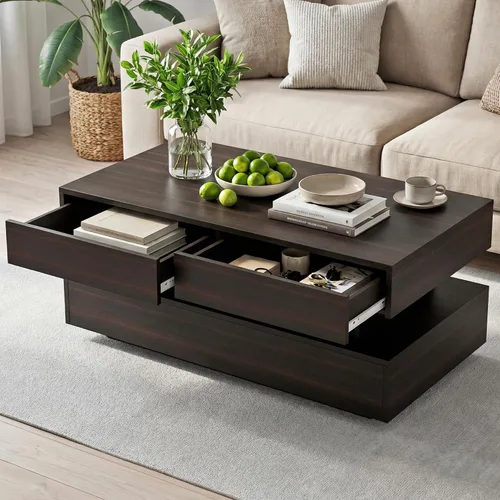 Vista 5 de Mesa de centro para sala de estar, mesa de centro moderna con 2 cajones de almacenamiento, mesa central de 2 niveles de madera con luces LED de 20