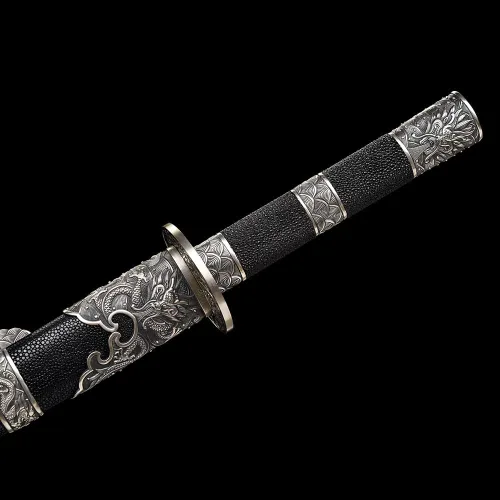 Vista 4 de Yulong Ming Dao, sable chino tradicional de 38.98 pulgadas con hoja de acero revestido, accesorios de bronce blanco y vaina cubierta de piel