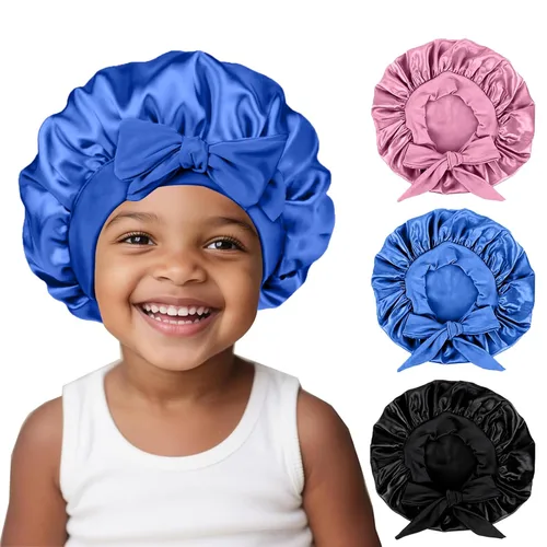 Vista 2 de 3 Piezas Gorros de Seda para Niños para Dormir - Gorro de Satén para Bebé para Dormir, Gorros de Cabello para Niños para Cabello Rizado Niñas Niños
