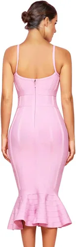 Vista 2 de Maketina - Vestido tipo sirena con tirantes delgados y cuello en V para mujer, vestido debajo de la rodilla, ajustado estilo vendaje, ideal