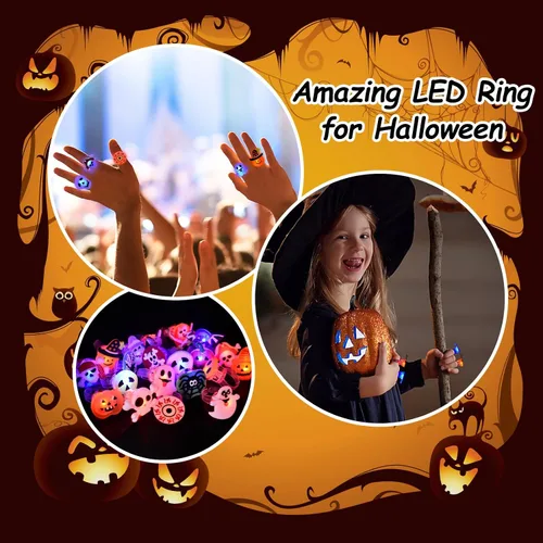 Vista 5 de Anillos iluminados para fiestas de Halloween, 50 unidades, anillos LED brillantes, juguetes divertidos para niños y adultos, Plástico
