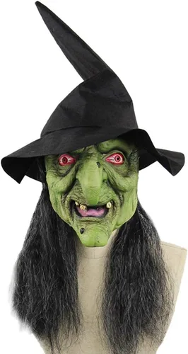 Vista 3 de XGOPTS Máscara de bruja vieja verde aterradora de Halloween con sombrero