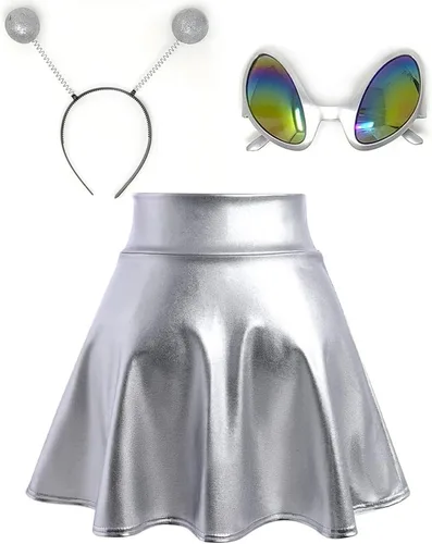 Vista 7 de Falda de disfraz de alienígena para mujer con diadema y gafas para fiesta Verde