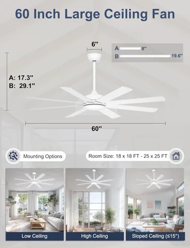 Vista 7 de Ventiladores de Techo de 60 Pulgadas Sin Luces - Ventilador de Techo Blanco de 8 Aspas Control Remoto/APP, Ventilador de Techo Reversible