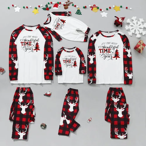 Vista 2 de Pijamas de Navidad para la familia, conjunto de pijamas a juego divertido de Navidad, ropa de descanso de manga larga a cuadros para mujeres
