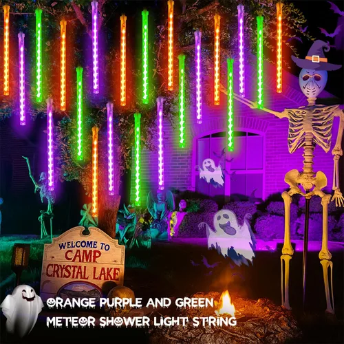 Vista 2 de Paquete de 2 luces de Halloween para exteriores, 16 tubos y 384 luces LED de lluvia de meteoritos Extendable, Timer, Waterproof Halloween String