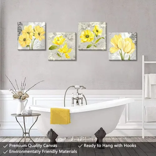 Vista 33 de Wall HDQ Arte de pared de flores para baño, dormitorio, sala de estar, decoración de pared azul y naranja, pintura floral, lienzo impreso, imagen