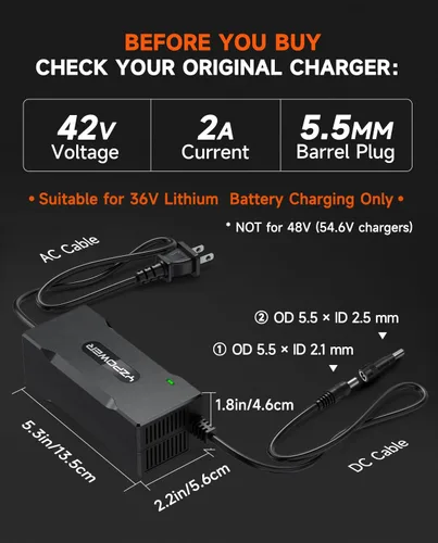 Vista 4 de Cargador rápido de 42 V 2 A para scooter eléctrico de 36 V y Hoverboard - Compatible con Highlander, Dynamo, Helios, Hiboy S2 Pro, KS4, Gotrax