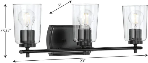 Vista 10 de Progress Lighting Adley Collection - Lámpara de tocador de baño tradicional con 3 luces, de cristal transparente, color negro mate, 7-5/8 x 23 Mate