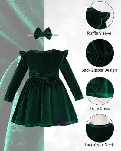 Vista 5 de Kucnuzki Vestido de terciopelo para niña pequeña, vestido de terciopelo sólido para niña, vestido de princesa casual para fiesta de otoño