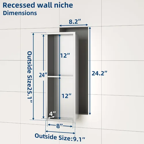 Vista 3 de Neodrain Nicho de ducha doble estante de acero inoxidable, no necesita azulejos, nichos de baño empotrados en la pared, nicho de pared empotrado
