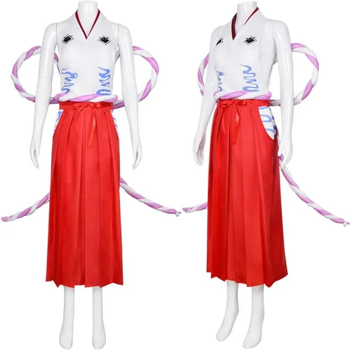 Vista 3 de Disfraz de cosplay de Yamato para mujer, falda kimono roja con traje de cuerno de buey