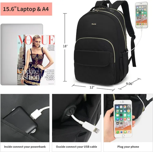 Vista 5 de Mochila para laptop para mujer, mochilas de viaje de negocios de 15.6 pulgadas, mochila escolar para niñas, profesores, mochila apta para la Negro