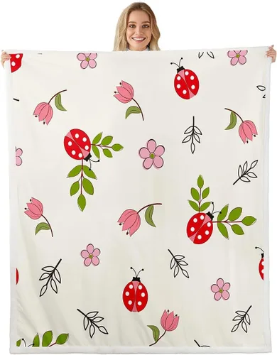 Vista 11 de Manta de forro polar con diseño de mariquita, diseño de mariquita, color rosa degradado con purpurina, para sofá o cama, manta Kawaii de dibujos