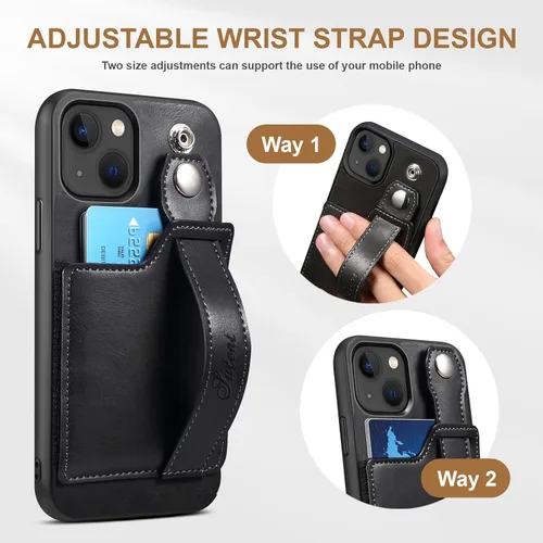 Vista 4 de Funda para iPhone 15 Plus 2023, de piel sintética, con ranura elástica para tarjetas, cierre magnético, correa de mano, funda protectora para iPhone