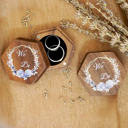 Vista 4 de LUUX Caja de anillo de boda de compromiso de madera de nogal personalizada. Caja de anillo impresa personalizada para ceremonia de boda, caja