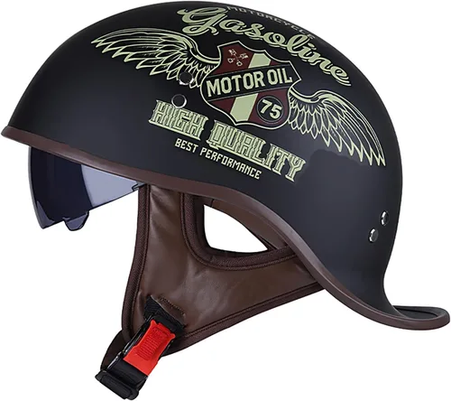 Vista 9 de Hanhua Medio casco de motocicleta para adultos, hombres y mujeres, casco de calavera de cara abierta vintage, aprobado por DOT/ECE, AVT Cruiser