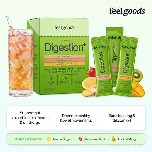 Vista 2 de Feel Goods Digestion+, salud intestinal, mezcla de fibra orgánica y probióticos, enzimas digestivas para alivio de la hinchazón, limpieza intestinal