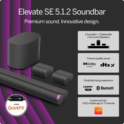 Vista 2 de VIZIO 5.1.2 Elevate SE Barra de sonido, subwoofer inalámbrico, sonido envolvente con Dolby Atmos y DTS:X, altavoz Bluetooth, compatible