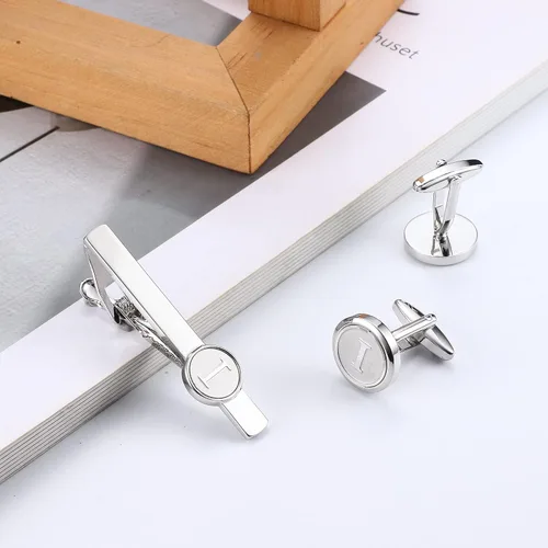 Vista 4 de THUNARAZ Juego de gemelos con inicial y clip de corbata para hombre, gemelos personalizados del alfabeto A-Z y barra de corbata con caja de regalo