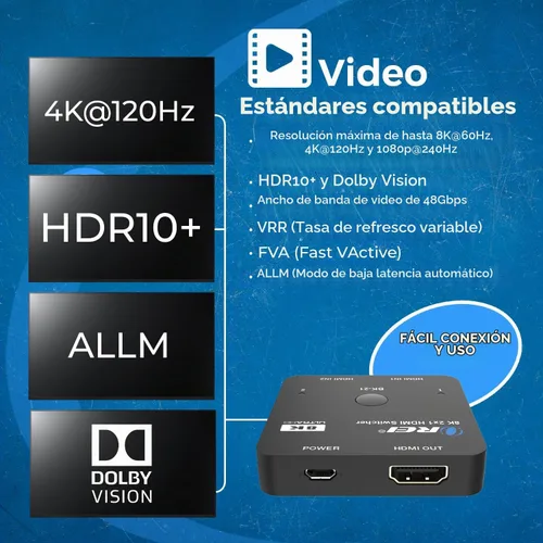 Vista 9 de OREI Interruptor HDMI 2.1 de 2 puertos 8K, 8K a 60Hz, 4K a 120Hz Negro azabache