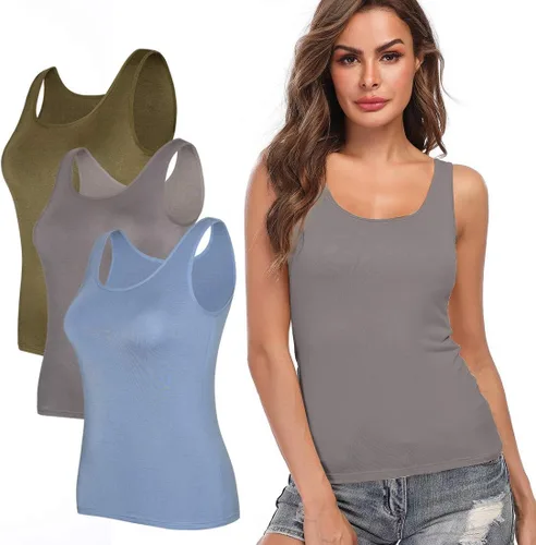 Vista 22 de Camisolas para mujer con brasier integrado, camiseta básica de yoga, camiseta sin mangas acolchada (S-3XL)