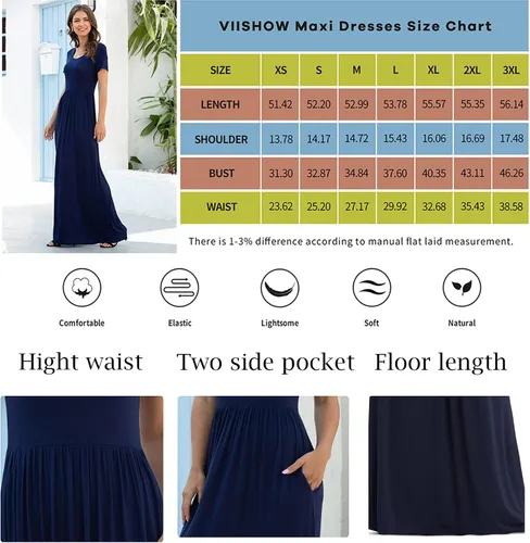 Vista 6 de VIISHOW - Vestido largo informal para mujer, maxi vestido sencillo de manga corta, con bolsillo y ajuste holgado