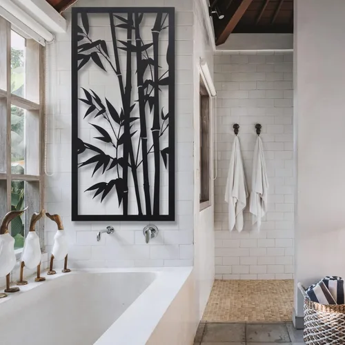 Vista 5 de Arte de pared de metal, decoración de pared de metal con árboles de bambú, bosque de bambú, decoración moderna única para el hogar, decoración