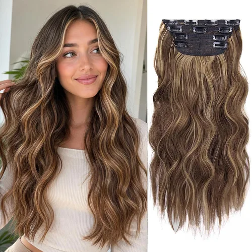 Vista 32 de Extensiones de cabello con clip, extensiones de cabello sintético ondulado de 14 pulgadas con clip (color: 22H10#)
