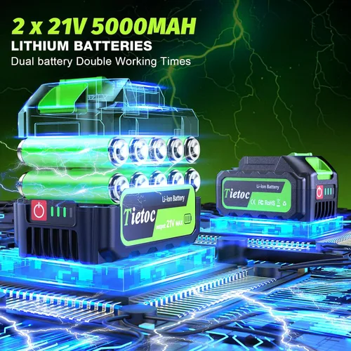 Vista 3 de Tietoc Soplador de hojas inalámbrico, soplador de hojas eléctrico sin escobillas de 1200 W con 2 baterías de 5.0 Ah, potentes sopladores de hojas