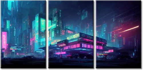 Vista 52 de Cuadros de 3 paneles de Cyberpunk City - Arte de pared de vallas publicitarias de edificios modernos en la capital con obras de arte modernas