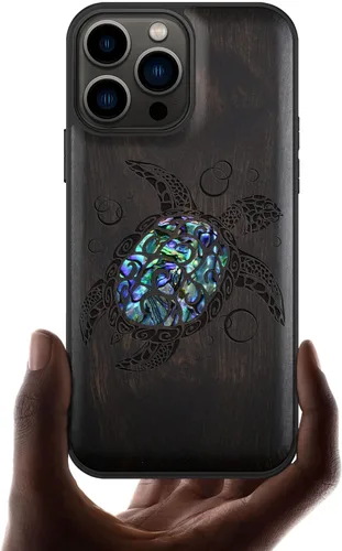 Vista 7 de Carveit Funda protectora de madera de diseñador para iPhone 13 Pro Max, cubierta magnética, grabado en madera e incrustaciones de concha, funda