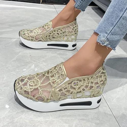 Vista 2 de Hbeylia Zapatos deportivos de plataforma con plataforma para mujer, diseño de lentejuelas y malla de encaje, suela gruesa, tacones altos ocultos